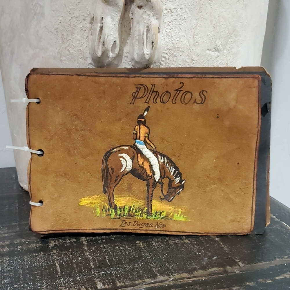 Vintage Brown Tan Art Print Native Anerican Horse Feather Photo Album Handmade
